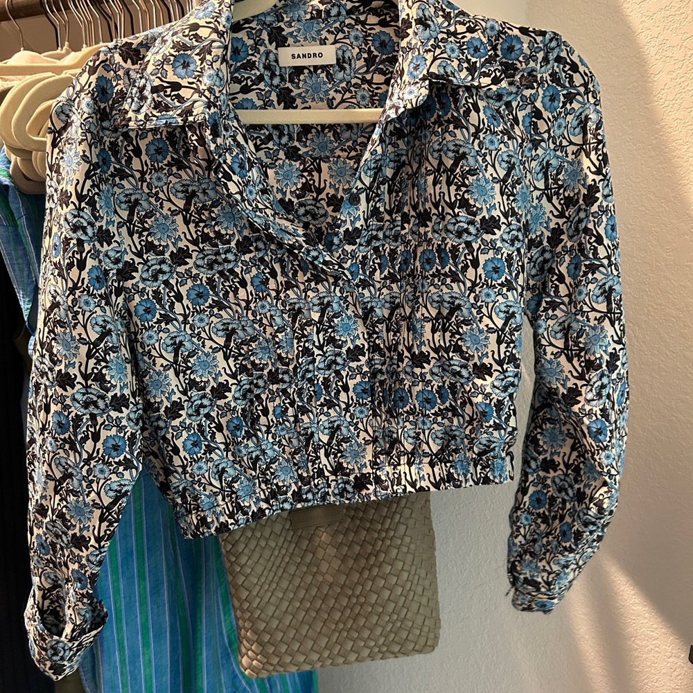 Sandro Blue Floral Cropped Blouse